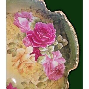 Fine Tettau Porcelain 10” Decorative Bowl Hand Painted Roses Gold scallop edges
